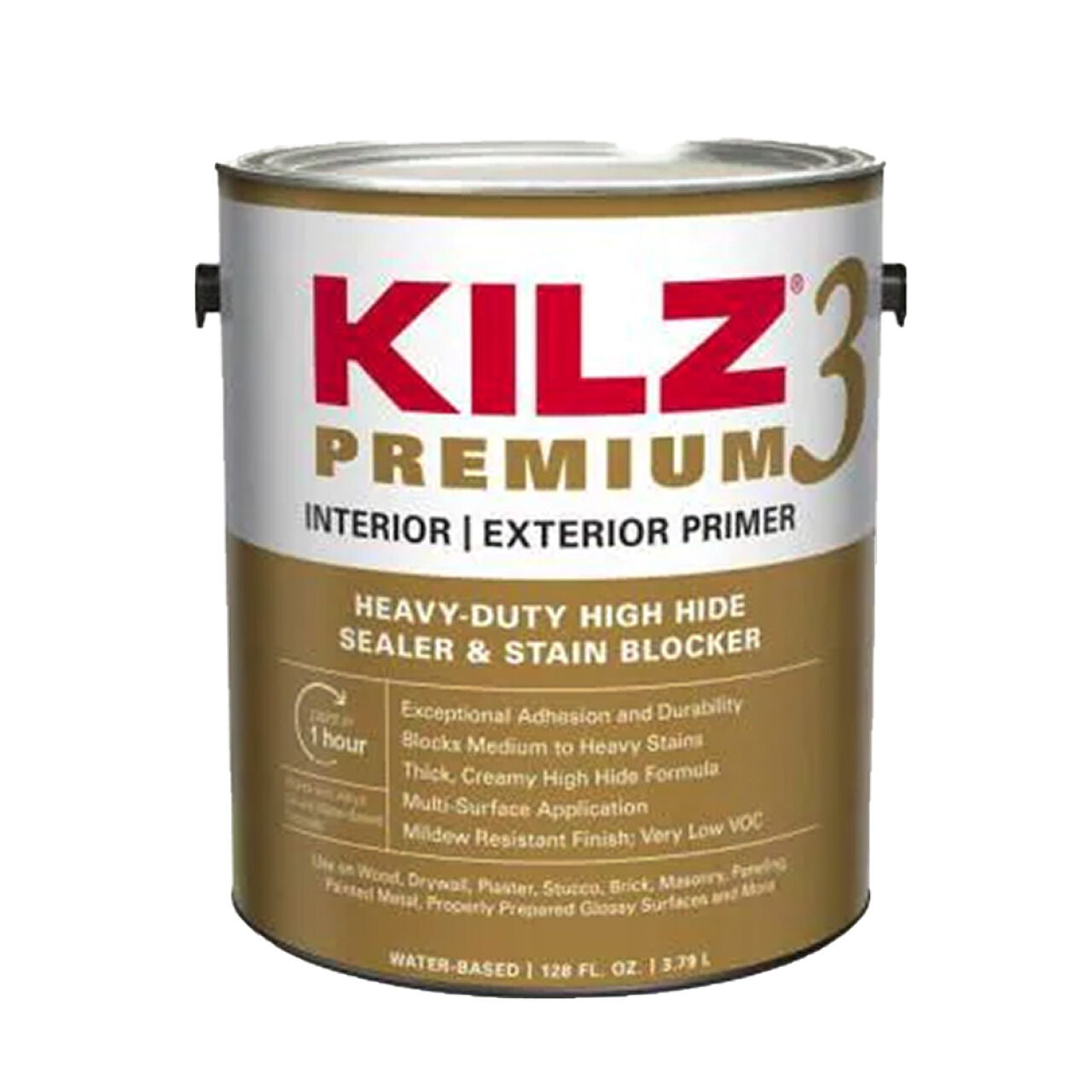 A 1 gal. can of Go Build Premium Interior/Exterior Primer, White, features a heavy-duty high hide sealer and stain blocker—ideal for both interior and exterior use. Brand: Go Build, The Fastest Way To Build.